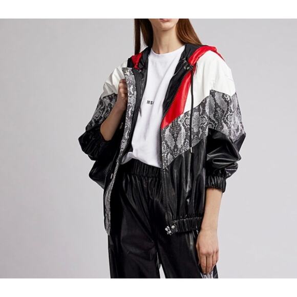 MSGM Faux Leather Sz 10 Large Snake Print Bomber Jacket IT 44 Black Red Designer - Picture 12 of 12